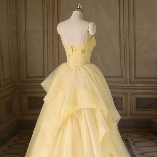 Timeless Ball Gown Spaghetti Straps Yellow Tulle Prom Dress Inspiration Long Party Formal Prom Dresses AU414