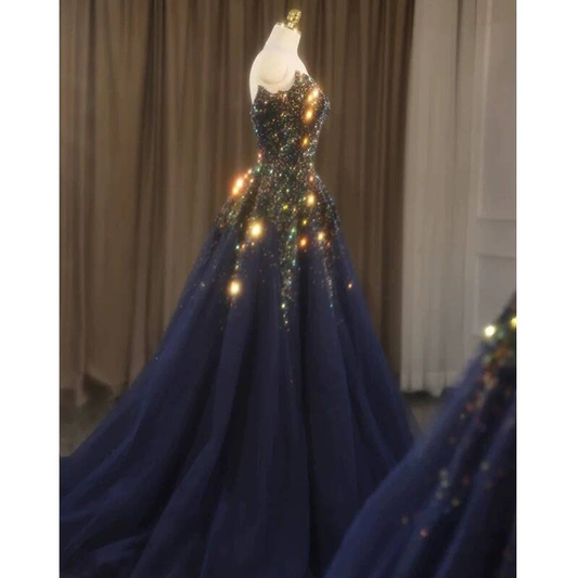 Cute Ball Gown Sweetheart Navy Blue Sequin Beads Prom Dresses Party Dress 20th Birthday Outfits Graduation Dress AU420