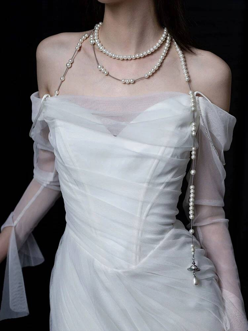 Vintage Mermaid Off The Shoulder Tulle White Wedding Gown Long Fairytale Bride Gown Wedding Dresses AU448