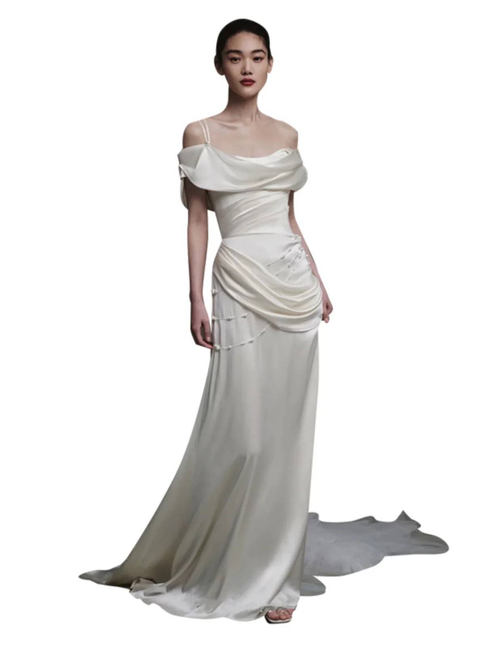 Vintage Mermaid Off The Shoulder Satin White Wedding Gown Long Fairytale Bride Gown Wedding Dresses AU451
