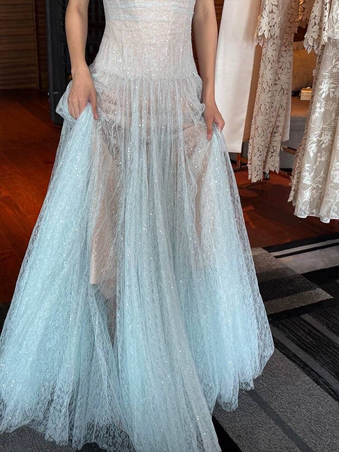 Vintage A line Strapless Light Sky Blue Tulle Long Prom Dresses Party Dress 16th Birthday Outfits Senior Graduation Dress AU515
