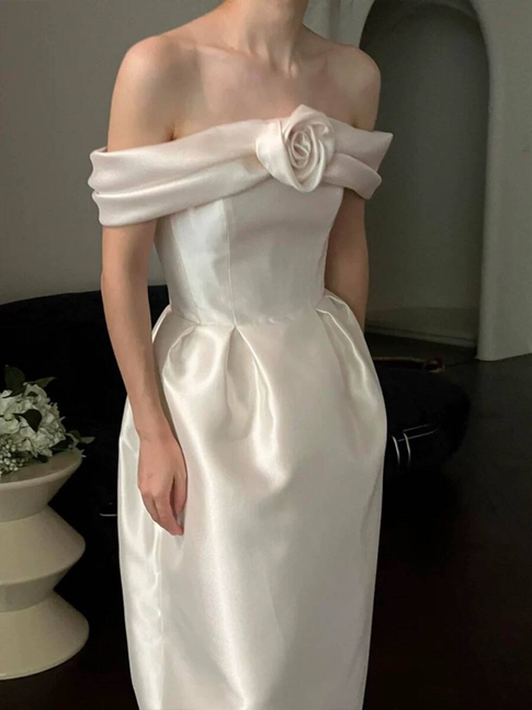 Cute A line Off The Shoulder Satin Ankle Length Wedding Dress Bride Gown Fairytale Wedding Dresses AU516