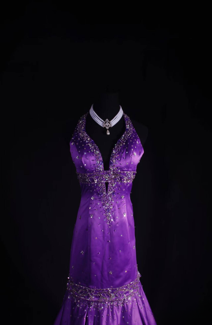 Vintage Mermaid Halter Grape Floor Length Prom Dress Silver Beads Inspiration Long Prom Dresses AU523