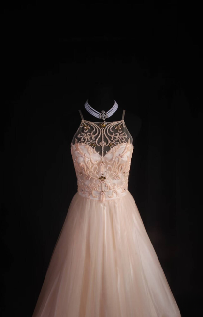 Retro Ball Gown Straps Blush Pink Tulle Floor Length Prom Dress Inspiration Long Prom Dresses AU528
