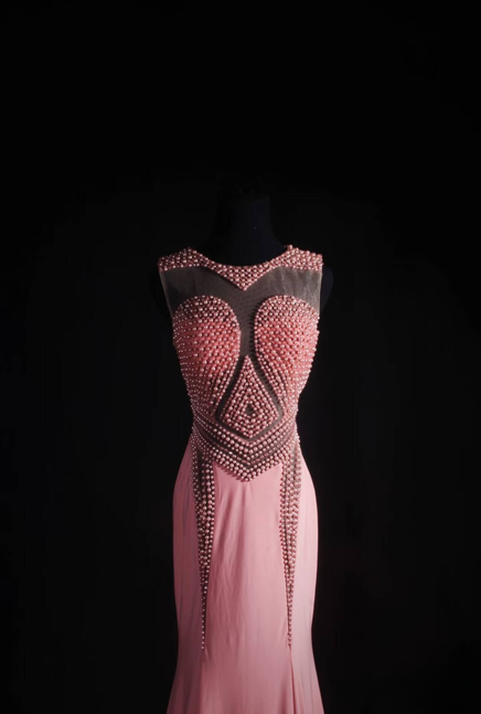 Vintage Mermaid Scoop Neck Pink Chiffon Beads Long Prom Dresses Party Dress Princess Graduation Outfits For Women AU547