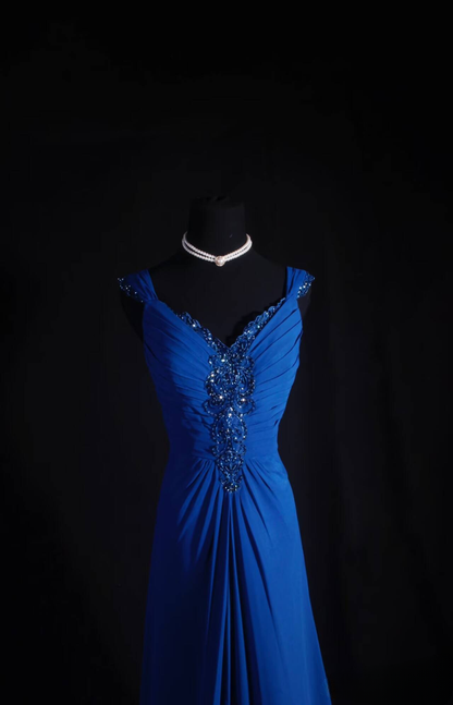 Vintage Prom Dresses 90s A Line V Neck Royal Blue Chiffon Long Party Dress Inspiration Senior Dance Graduation Dresses AU586