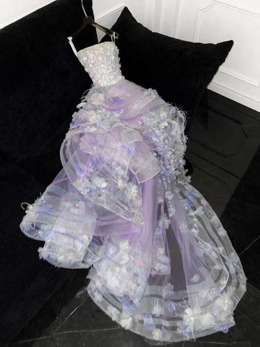 Modest Prom Dresses Ball Gown Strapless With Flowers Tulle Lilac Fashion Long Prom Dresses Party Gowns AU612