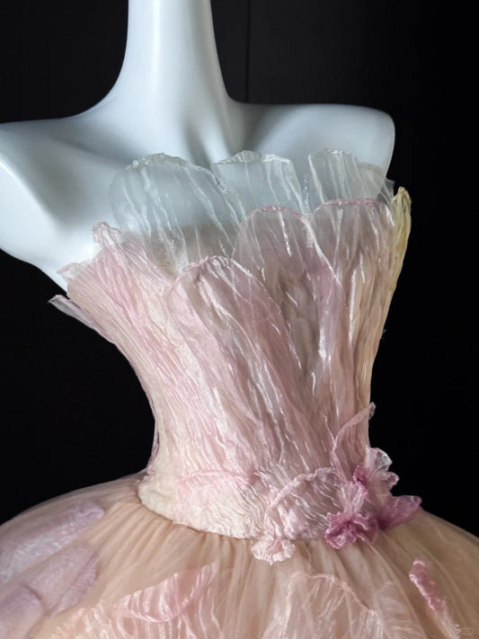 Cute Strapless Ball Gown Pink Floral Tulle Long Quinceanera Dress Quinceanera Dresses Sweet 15 16 Dress AU638