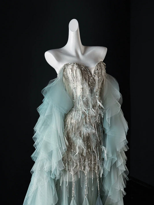 Luxury Mermaid Sweetheart Light Sky Blue Tulle Prom Dresses Long Party Dress 22th Birthday Outfits Graduation Dress AU648