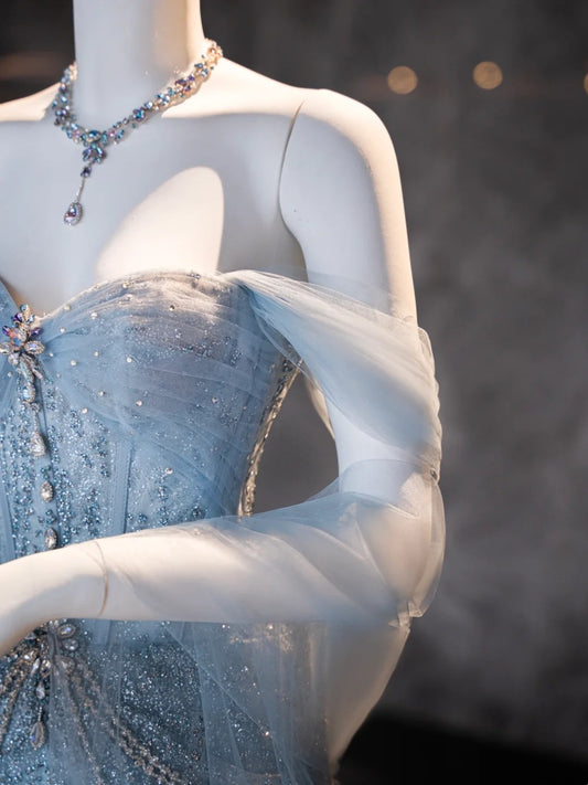 Vintage Mermaid Off The Shoulder Blue Tulle Sequins Prom Dresses Long Party Dress 18th Birthday Outfit Graduation Dress AU710
