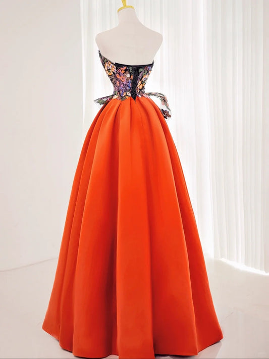 Romantic A Line Strapless Floral Satin Prom Dresses Long Party Dress 21st Birthday Outfit Graduation Dress AU831