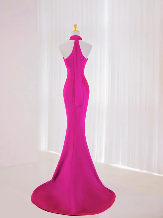 Sexy Mermaid High Neck Hot Pink Satin Prom Dresses Long Party Dress 18th Birthday Outfit Graduation Dress AU832