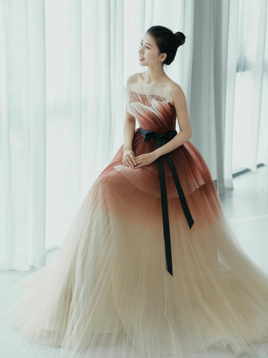 Romantic Ball Gown Strapless Tulle Prom Dresses Long Party Dress 21st Birthday Outfit Graduation Dress AU855