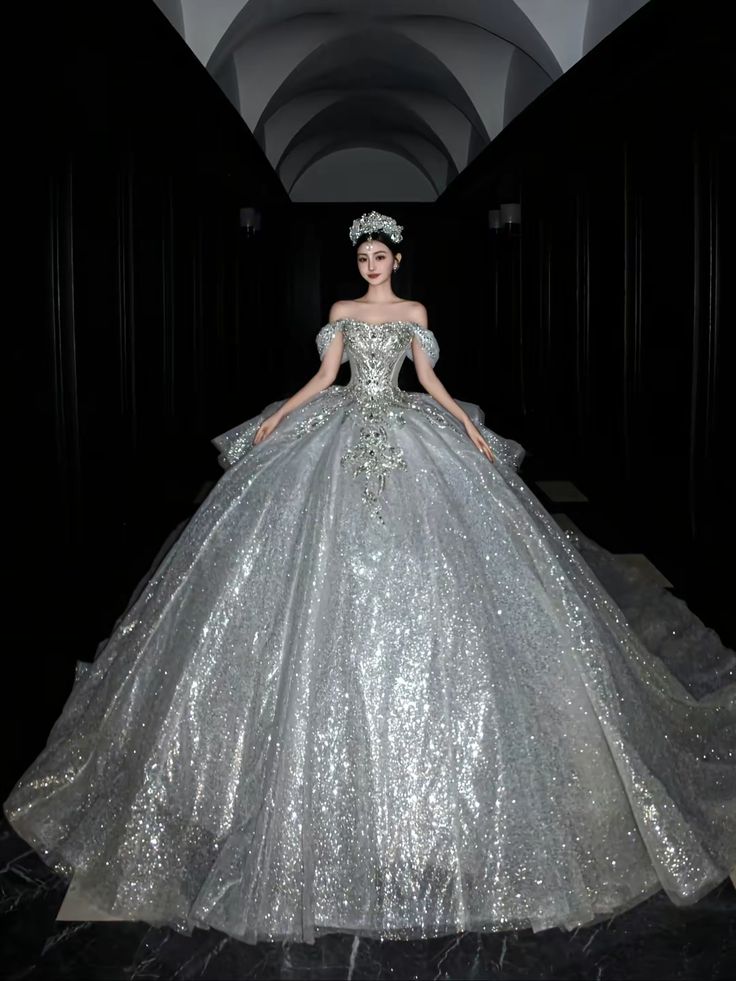 Romantic Ball Gown Off The Shoulder Silver Appliques Sequin Long Wedding Dress Goddesses Gowns Formal Wedding Dresses B07