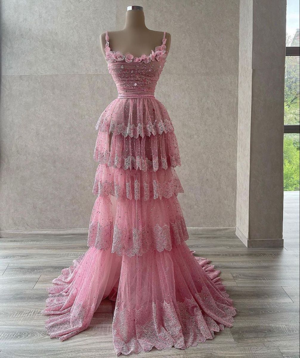 Elegant A Line Spaghetti Straps Pink Lace Long Floor Length Prom Dress Inspiration Prom Dresses B101