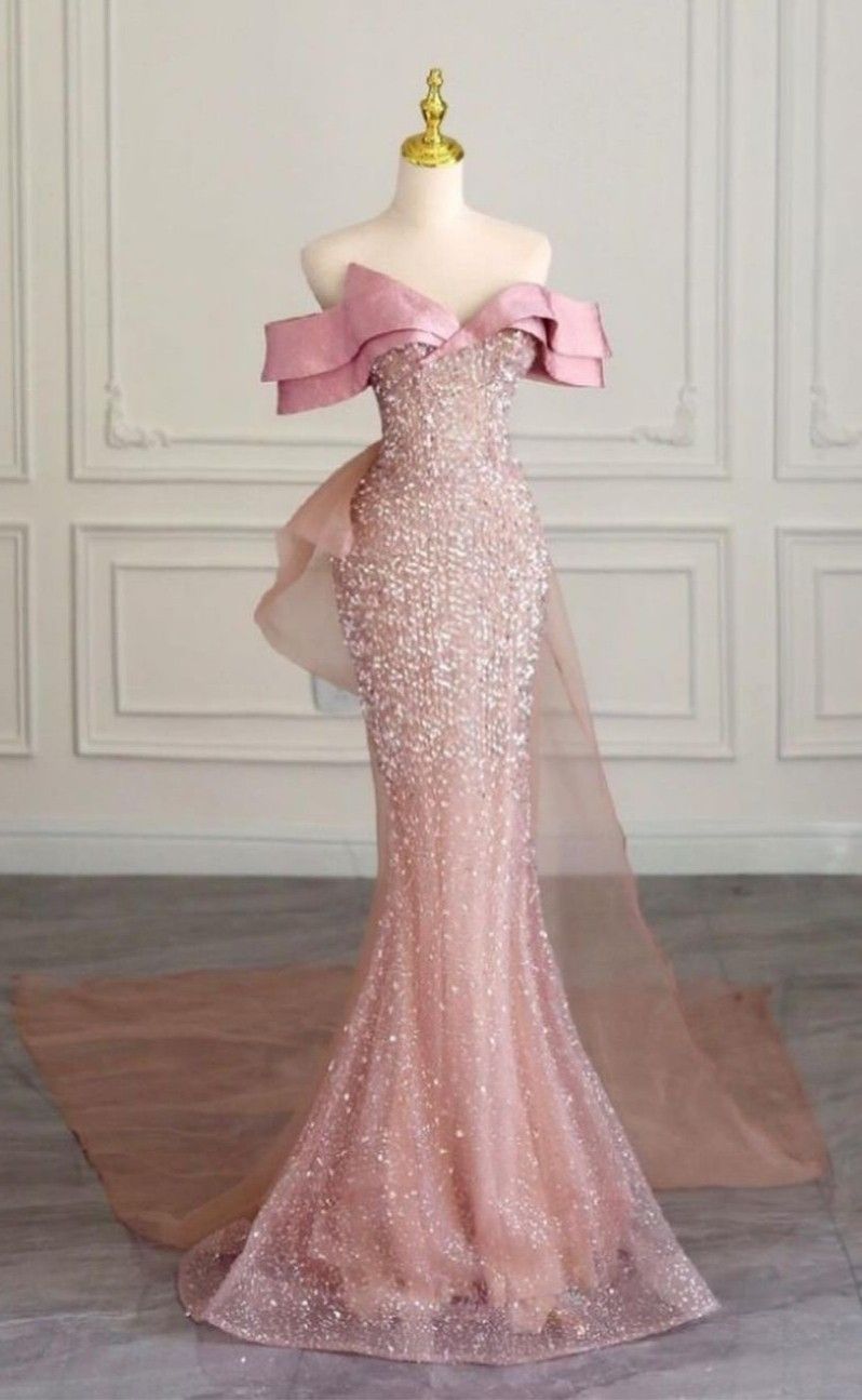Elegant Mermaid Off The Shoulder Pink Sequin Sparkly Long Floor Length Prom Dress Inspiration Prom Dresses B105