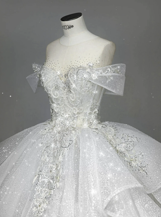 Elegant Ball Gown Off The Shoulder Short Sleeves Long Sequin White Wedding Dress Fairy Formal Wedding Dresses B143
