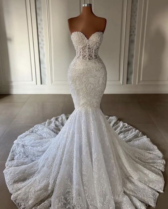 Timeless Mermaid Sweetheart Long Lace White Wedding Dress Fairy Formal Wedding Dresses B153