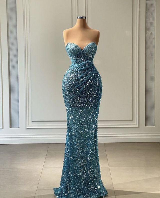 Elegant Mermaid Sweetheart Blue Sequin Long Floor Length Prom Dress Inspiration Prom Dresses B204