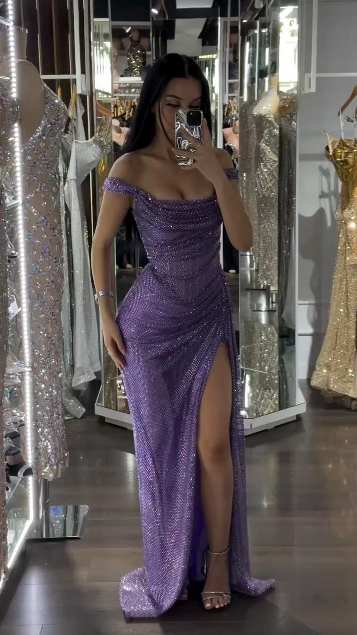 Elegant Mermaid Off The Shoulder Lilac Sequin Sparkly Long Floor Length Prom Dress Inspiration Prom Dresses Graduation Dress B209