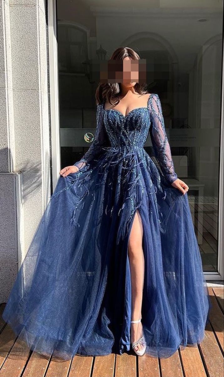 Elegant A Line Sweetheart Long Sleeves Tulle Navy Blue Slit Long Floor Length Prom Dress Inspiration Prom Dresses Graduation Dress B214