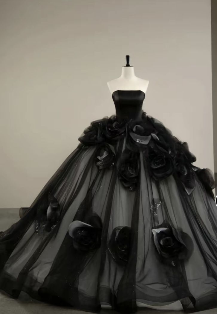 Aesthetic Ball Gown Strapless Black Tulle Long Quinceanera Dress 2000s Quinceanera Dresses Sweet 15 16 Dress B229