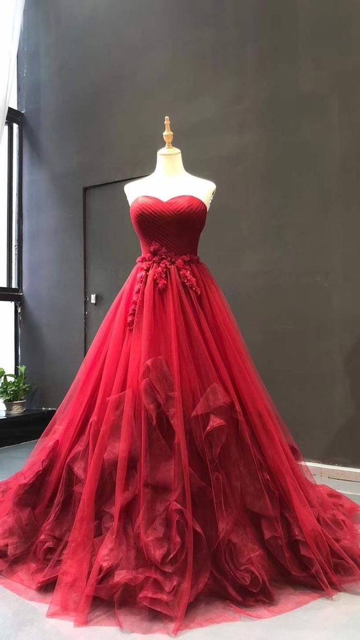 Modest Ball Gown Sweetheart Red Tulle Prom Dresses Inspiration Trending Prom Gowns Princess Formal Prom Dress B247