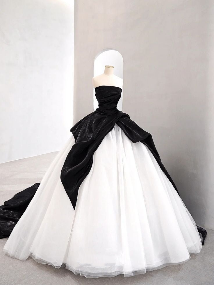 Modest Ball Gown Strapless Black Satin White Tulle Long Quinceanera Dresses Sexy Quinceanera Gowns Sweet 16 Dress B261