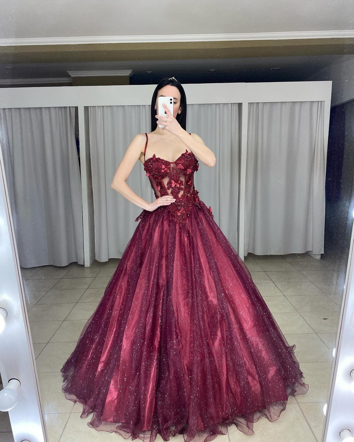 Modest Ball Gown Spaghetti Straps Burgundy Sequin Lace Long Prom Dresses Inspiration Trending Prom Gowns Formal Prom Dress B268