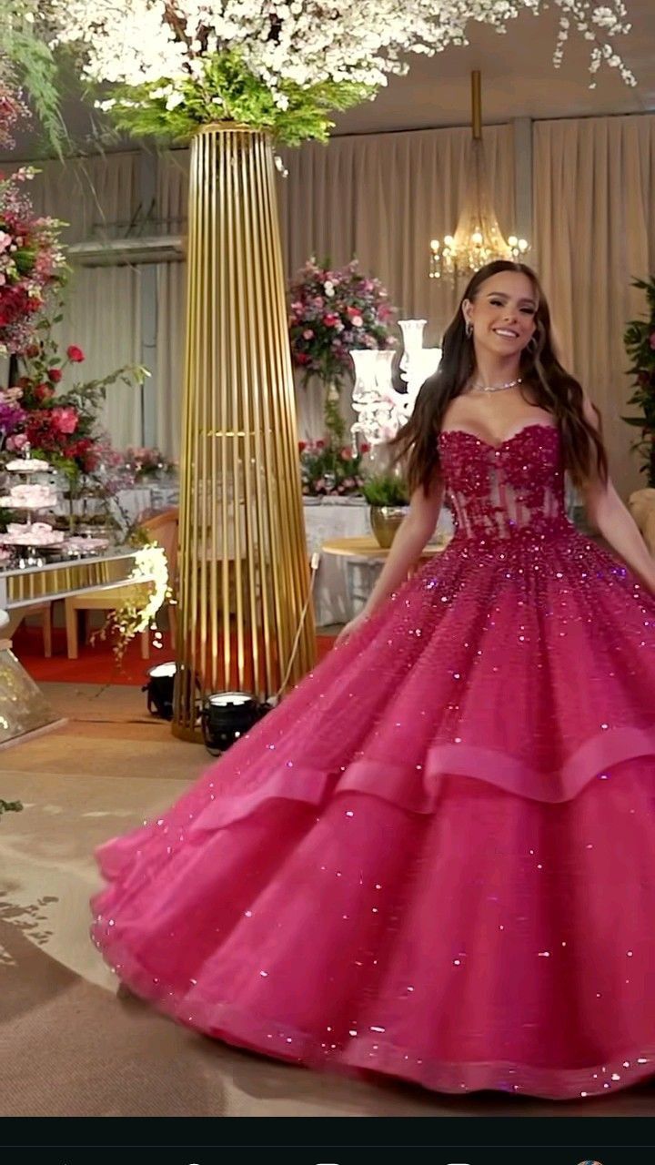 Classy Ball Gown Spaghetti Straps Hot Pink Appliques Long Prom Dresses Inspiration Trending Prom Gowns Formal Prom Dress B269