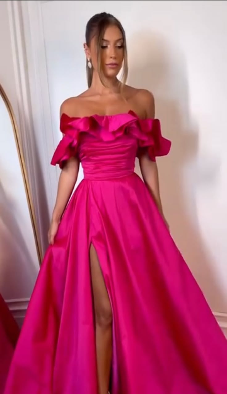 Beautiful A Line Off The Shoulder Hot Pink Prom Dresses Inspiration Prom Dress Princess Graduation Dress B271