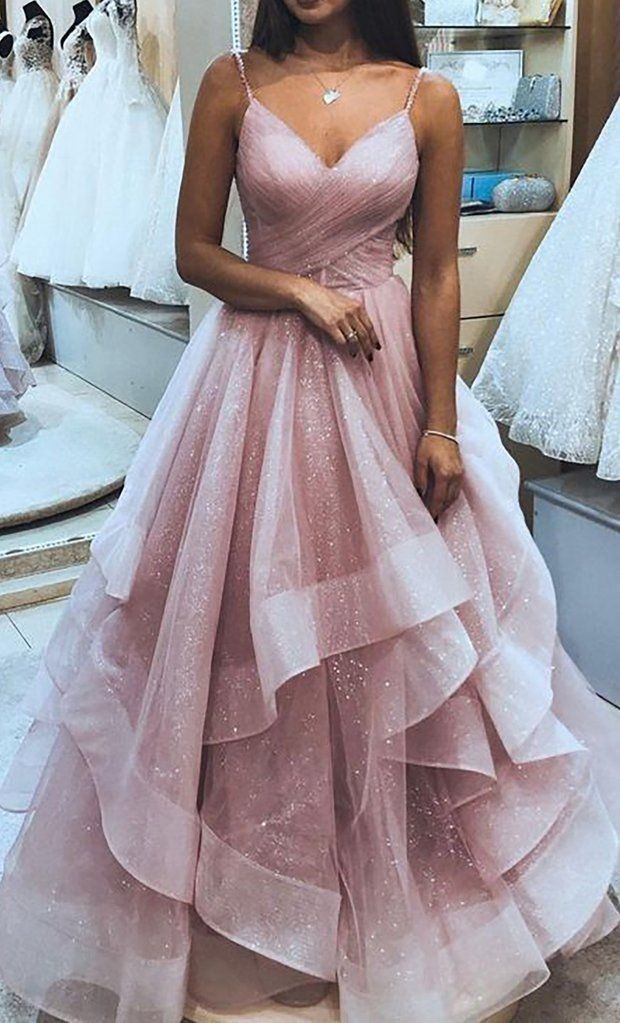 Modest Ball Gown Spaghetti Straps Pink Sequin Long Prom Dresses Inspiration Sparkle Evening Gowns Formal Dress B277