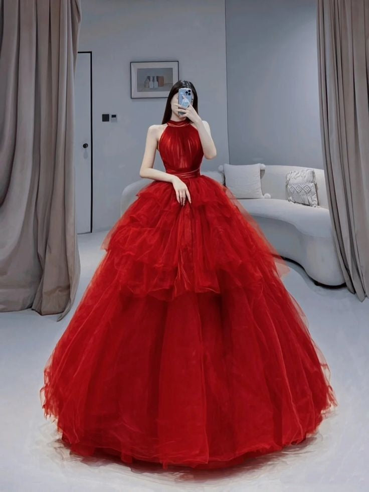 Red Quinceanera Dresses Ball Gown High Neck Tulle Birthday Prom Gowns Vestidos De 15 Anos Formal Party Long Sweet 15 16 Dress B317