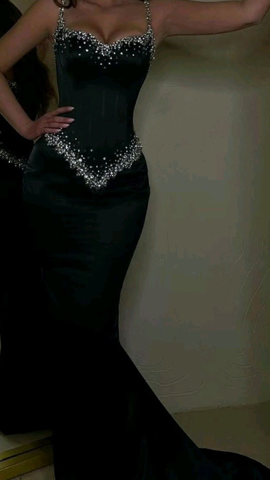 Modest Mermaid Spaghetti Straps Black Prom Dresses Inspiration Sparkly Birthday Dress Princess Graduation Dress B360