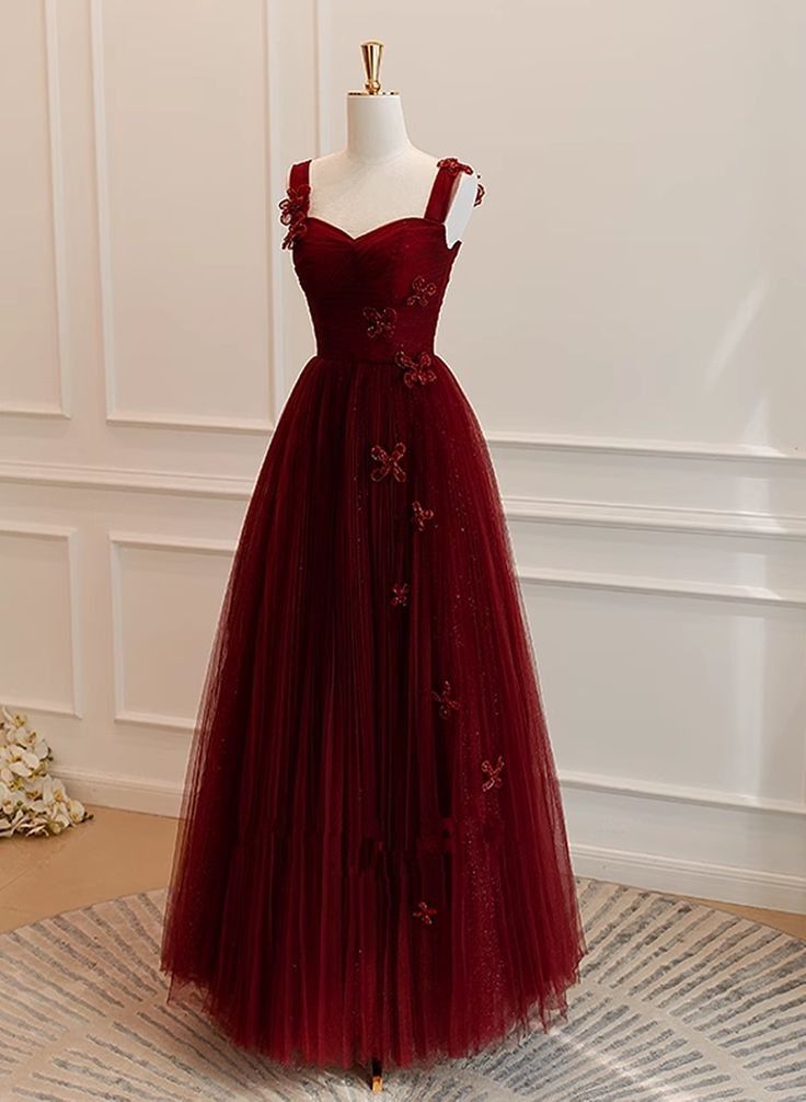 Elegant A line Sweetheart Burgundy Tulle Floor Length Prom Dress Inspiration Long Prom Dresses B379