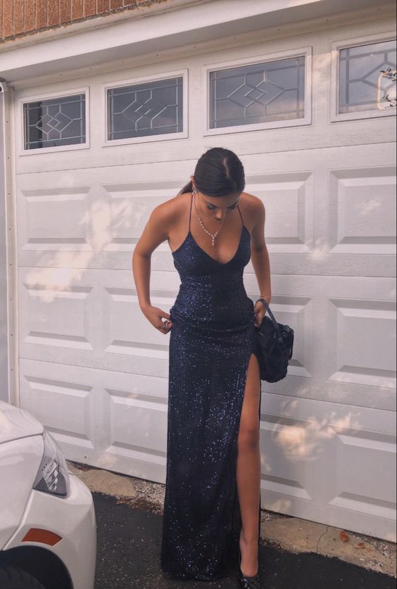 Elegant Mermaid Halter Navy Blue Sequin Floor Length Prom Dress Inspiration Long Party Prom Dresses B415