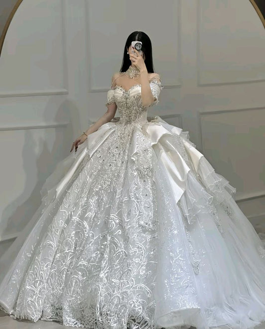 Dreamy Ball Gown Off The Shoulder Tulle Sequins Satin Lace Long Wedding Dress Fairy Formal Short Sleeves Wedding Dresses B144