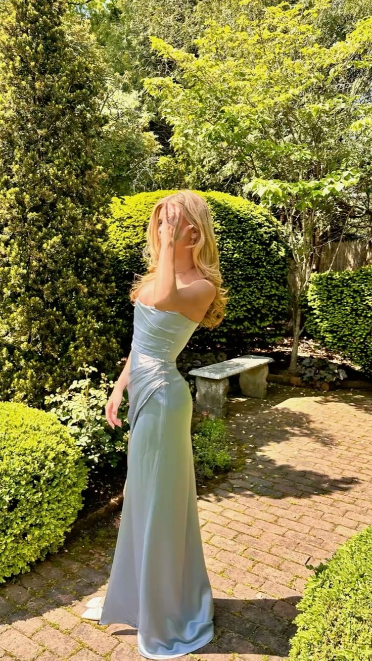Sexy Sheath Strapless Light Sky Blue Satin Prom Dresses Party Dress Princess Graduation Dress B466