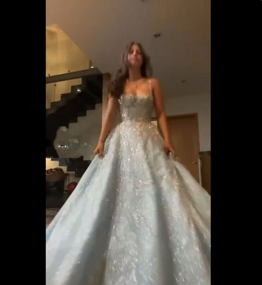 Sexy Ball Gown Spaghetti Straps Light Sky Blue Tulle Sequins Prom Dresses Inspiration Unique Graduation Dress B469