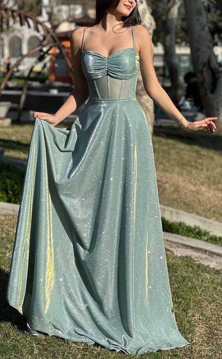 Sparkly A Line Spaghetti Straps Sequin Floor Length Prom Dress Inspiration Long Party Prom Dresses B477