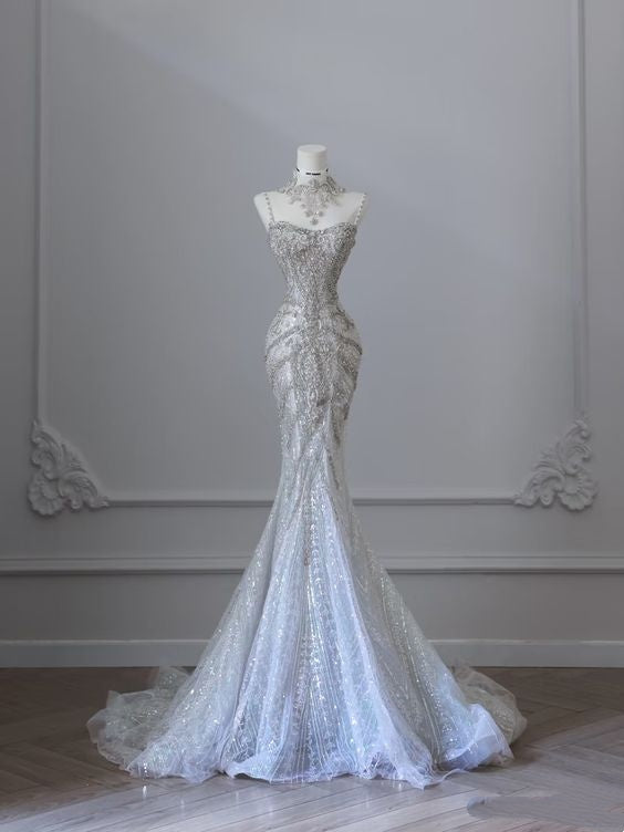 Dreamy Mermaid Spaghetti Straps Long Tulle Sequin Wedding Dress Fairy Formal Wedding Dresses B48