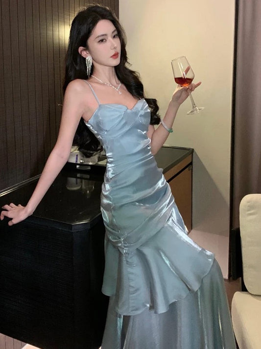 Sexy Mermaid Spaghetti Straps Light Sky Blue Long Prom Dresses Party Dress Princess Graduation Dress B487