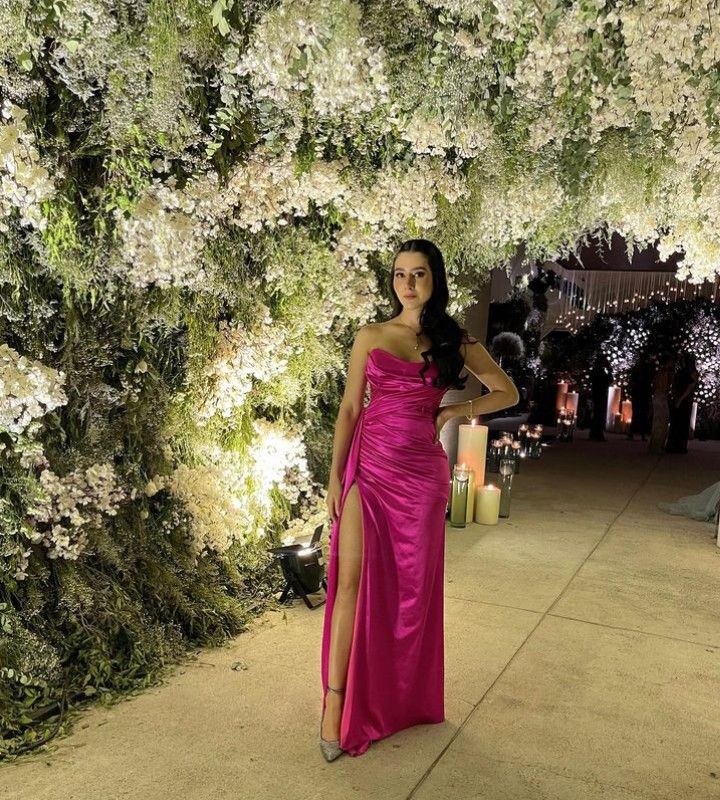 Elegant Sheath Strapless Hot Pink Satin Slit Prom Dresses Inspiration Unique Party Formal Graduation Dress B490