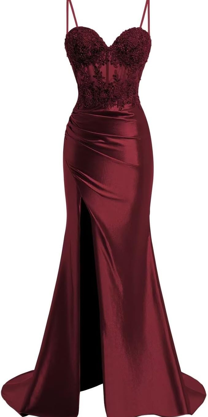 Stunning Mermaid Spaghetti Straps Burgundy Satin Slit Prom Dresses Inspiration Unique Party Formal Graduation Dress B503