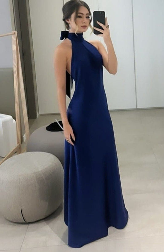 Simple A line Halter Backless Royal Blue Long Prom Dresses Party Dress Princess Graduation Dress B504