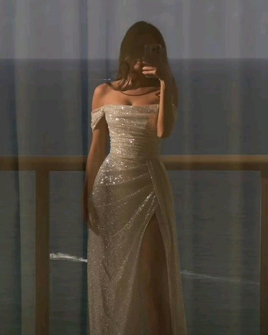 Modest Sheath Off The Shoulder White Sequin Slit Long Prom Dresses Party Dress Princess Graduation Dress B508