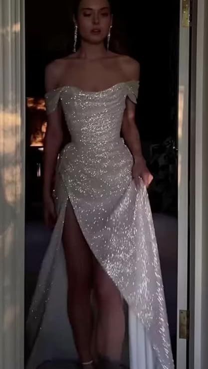 Timeless Sheath Off The Shoulder White Sequin Slit Long Prom Dresses Party Dress Birthday Outfits Graduation Dress B509
