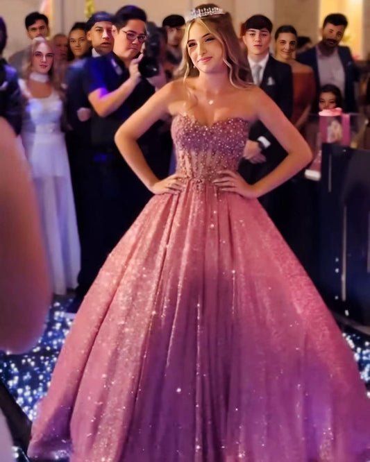 Elegant Ball Gown Sweetheart Sleeveless Sequin Floor Length Pink Prom Dress Inspiration Ideas Prom Inspo Dresses Party Dress B524