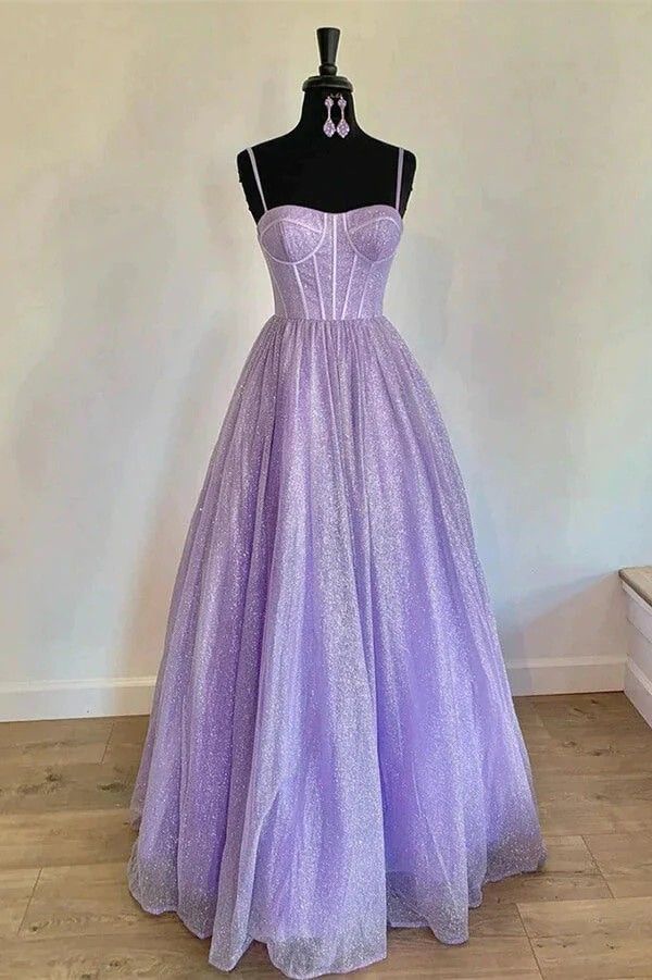 Elegant Ball Gown Spaghetti Straps Lilac Tulle Sleeveless Long Prom Dress Inspiration Ideas Prom Dresses Inspo Party Dress B553