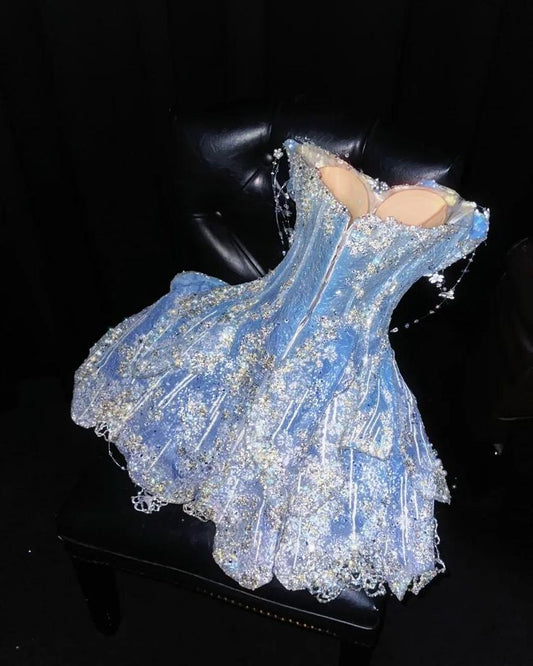 Cute Ball Gown Sweetheart Light Blue Sequin Short 16th Birthday Outfits Homecoming Dresses Cocktail Gown B576